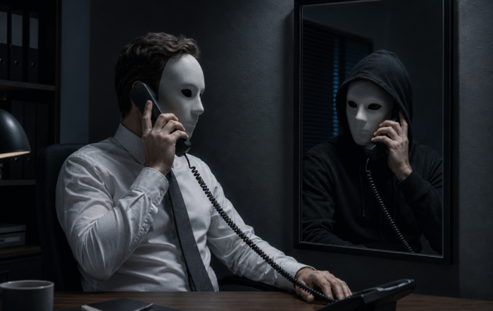 Man wearing a mask, voice phising a workplace