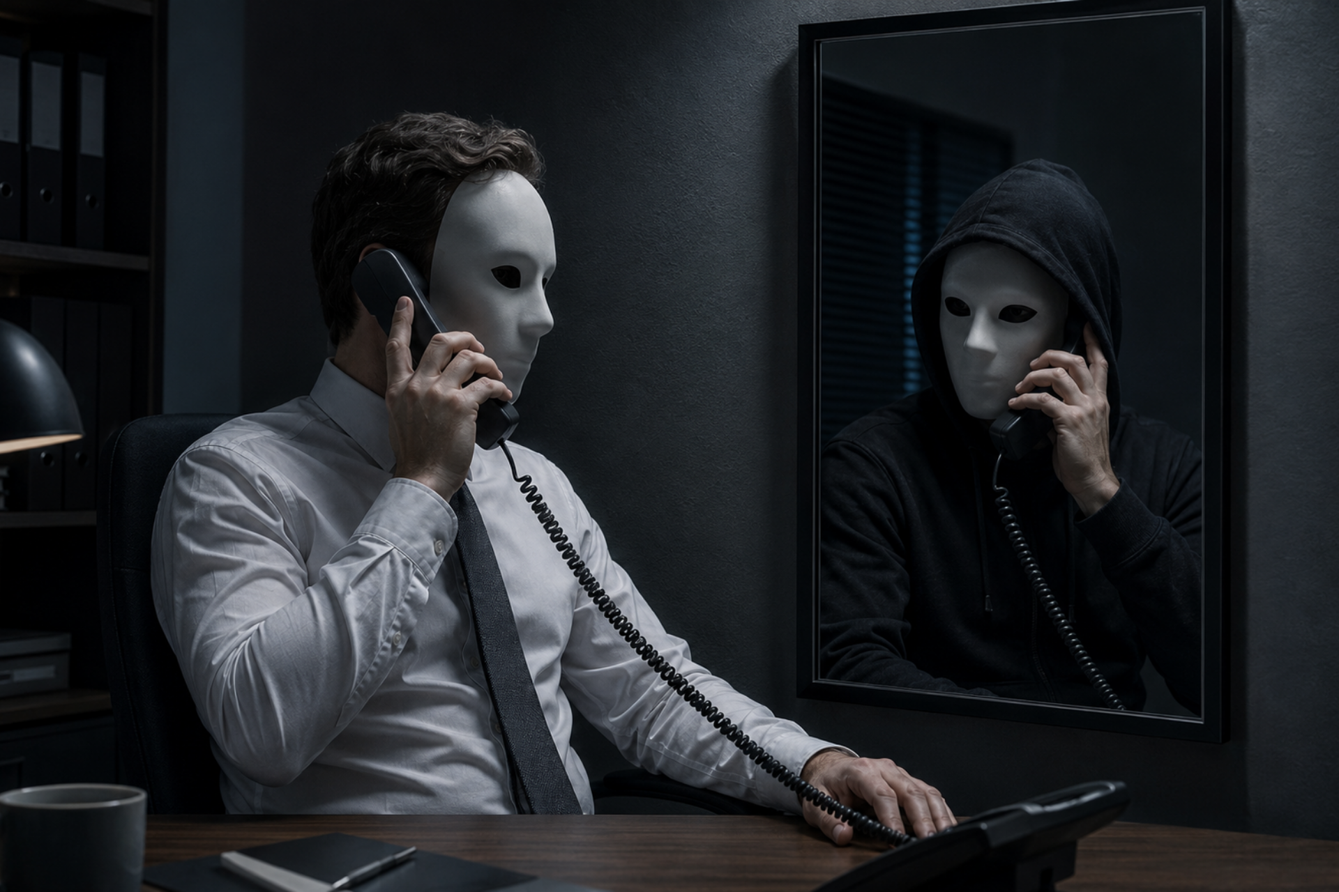 Man wearing a mask, voice phising a workplace